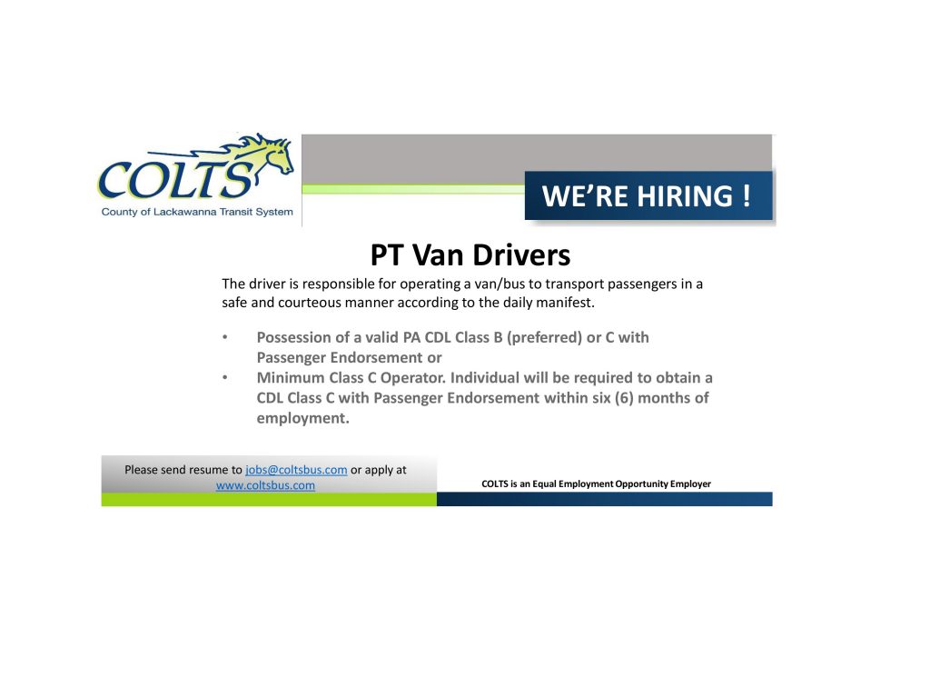 COLTS hiring PT Van Drivers