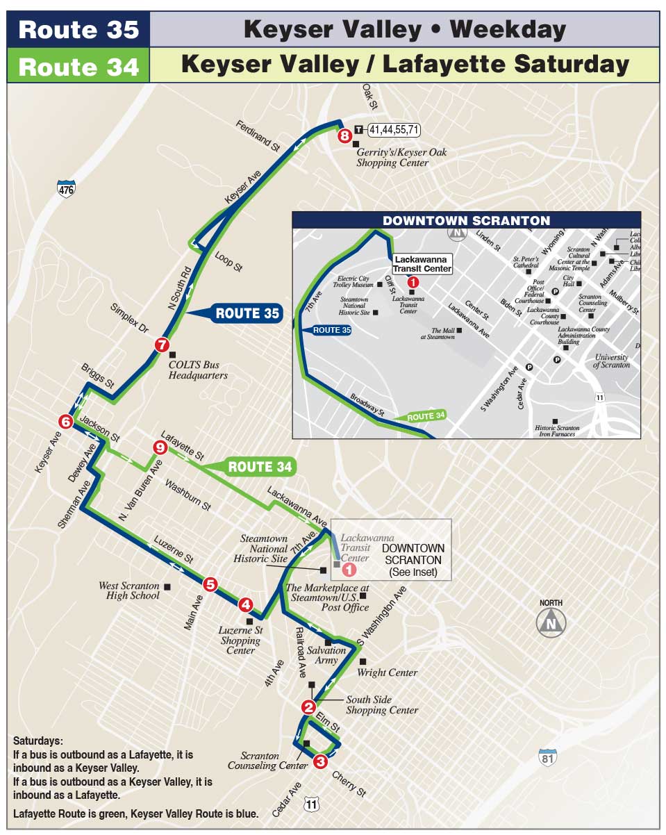 35-34 Keyser Valley Weekday / Keyser Valley Lafayette Saturday COLTS Bus 35-34 Keyser Valley Weekday / Keyser Valley Lafayette Saturday COLTS Bus Map Image