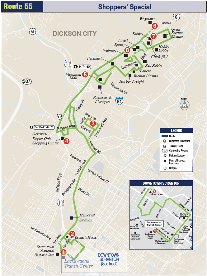 55 Shoppers Special COLTS Bus map image